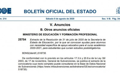 Abierto el plazo de solicitud de las becas de Educación para el curso 2020/2021 en las que, por primera vez, se incluye específicamente a las personas con TEA