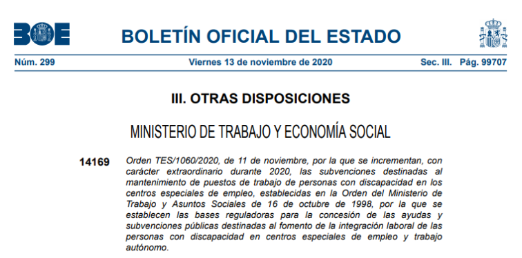 Orden del Ministerio de Trabajo publicada en el BOE para aumentar las subvenciones a las personas con autismo que trabajan en centros especiales de empleo