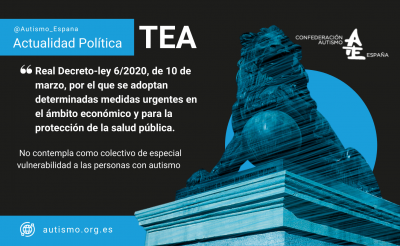 El Real Decreto-ley 6/2020, de 10 de marzo, por el que se adoptan determinadas medidas urgentes en el ámbito económico y para la protección de la salud pública no contempla como colectivo de especial vulnerabilidad a las personas con autismo