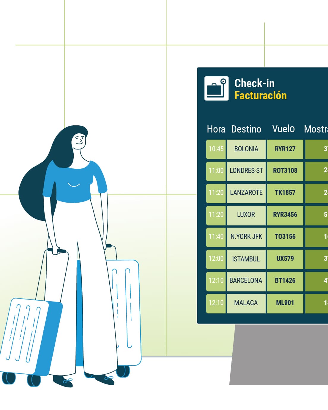 Mujer con dos maletas dirigiéndose al check-in en una aeropuerto.