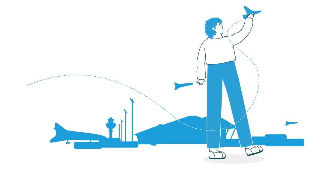 Imagen de un hombre observando la zona de despegue de un aeropuerto y los aviones