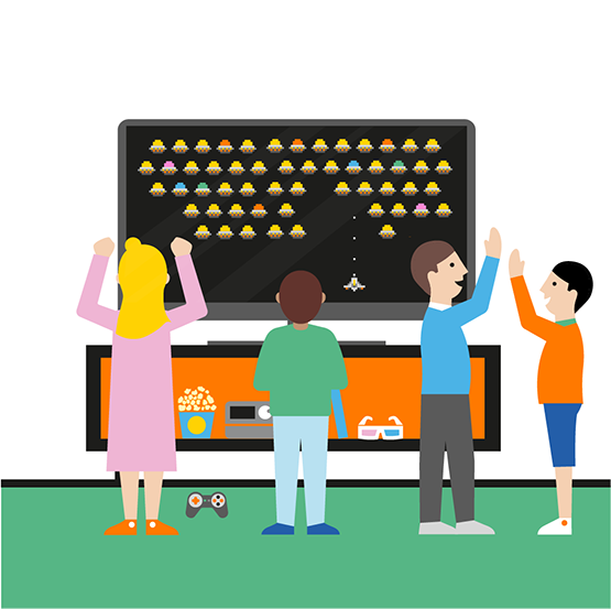 Ilustración de jóvenes jugando enfrente de una pantalla