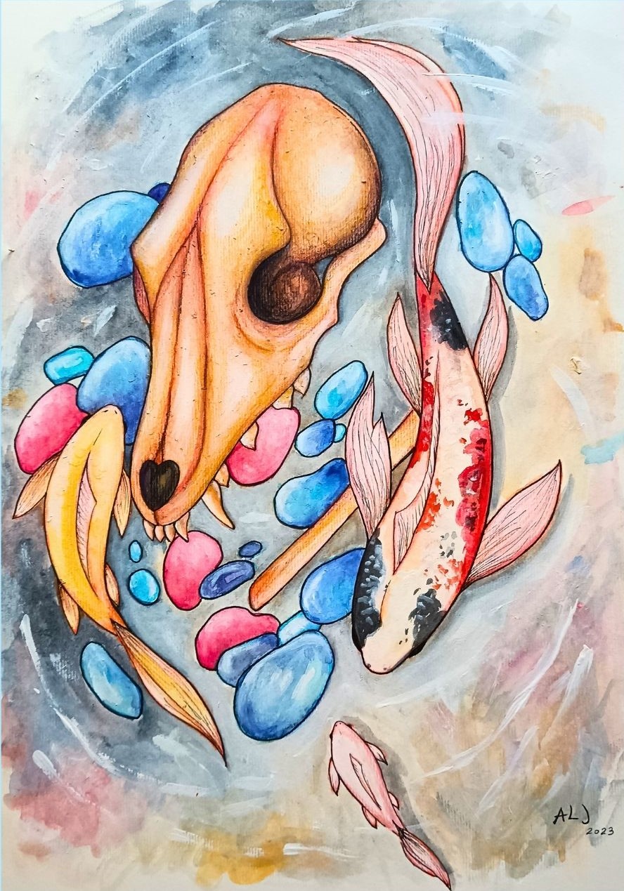 Cuadro pintado por Ana López en el que se ven carpas y otras figuras