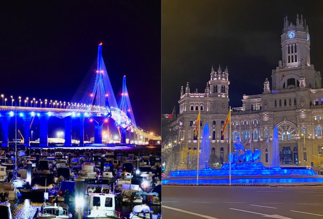 El puente de Cádiz y la Cibeles iluminadas de azul